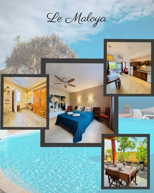 Appartement Le Maloya aux Lataniers à Saint-Leu, La Réunion : chambre spacieuse, cuisine moderne, salle de bain adaptée PMR et terrasse avec jardin.