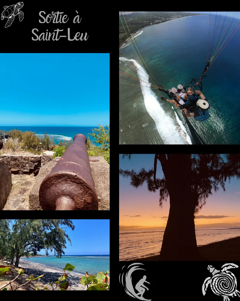 4 images de Saint Leu : le parapente, le canon que l'on découvre lors d'une randonnée, le lagon et plage de Saint leu de jour et au coucher de soleil
